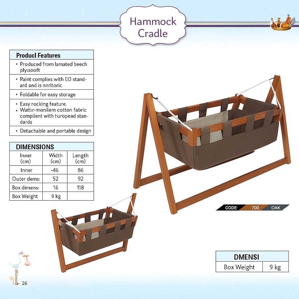 Handmade Wooden Baby Hammock Cradle – Foldable with Bedding Set