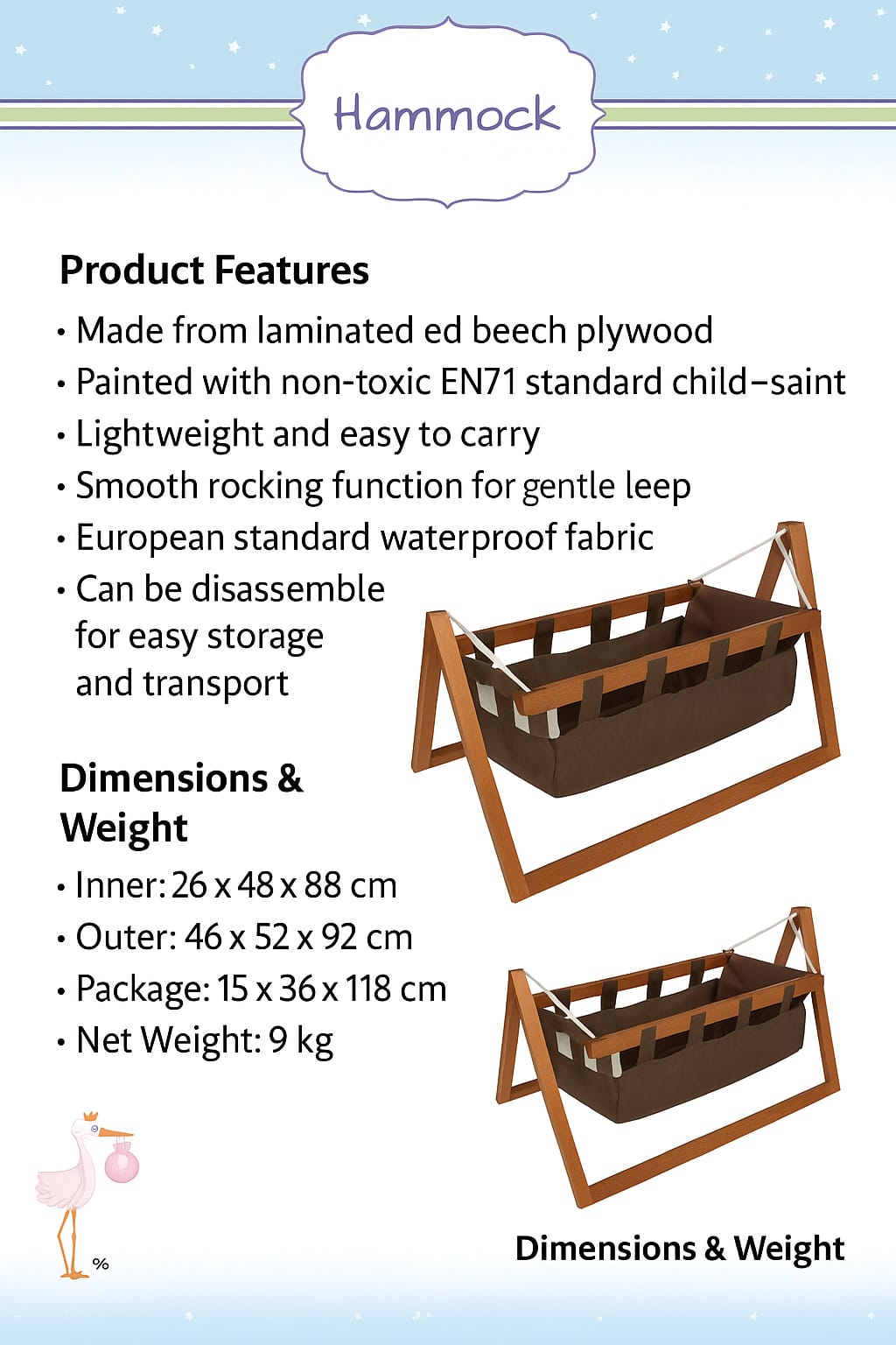 Handmade Wooden Baby Hammock Cradle – Foldable with Bedding Set